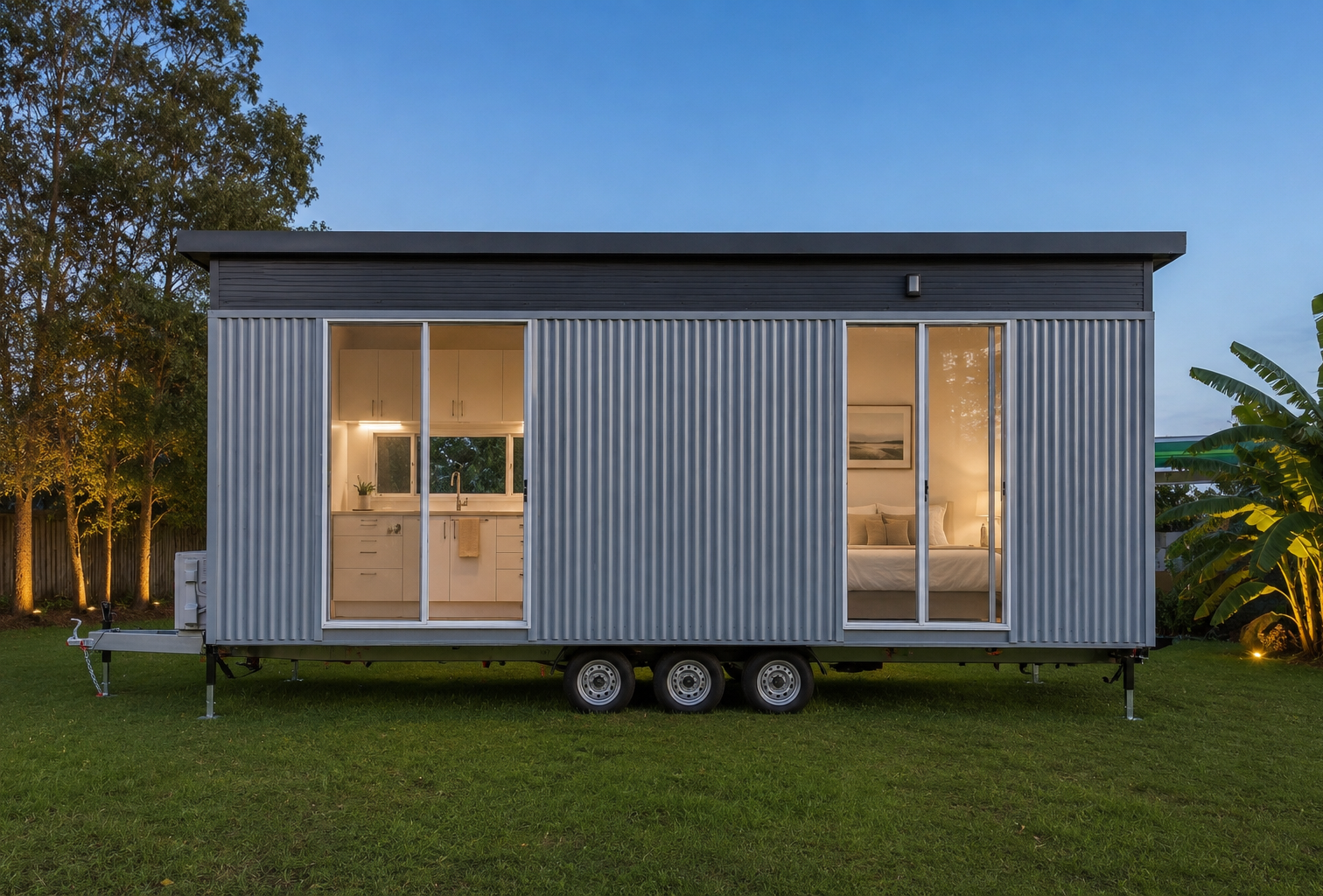 Silver corrugated tiny home on a trailer at dusk with lit interior
