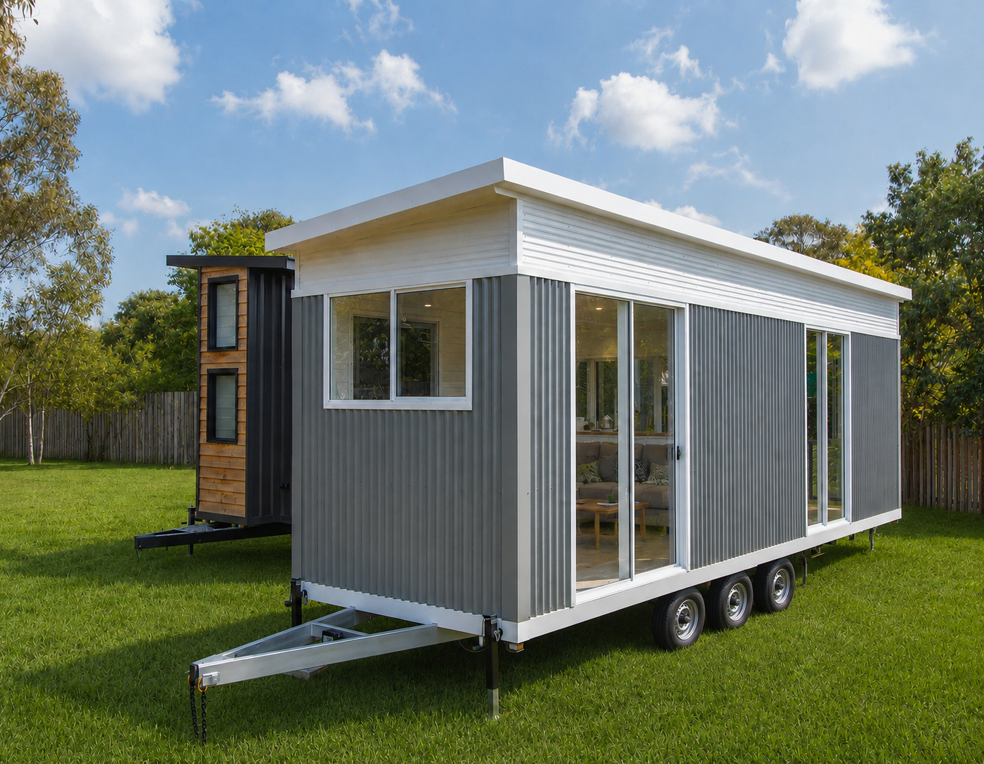 Modern grey tiny home with a second home behind it on a green lawn under a blue sky