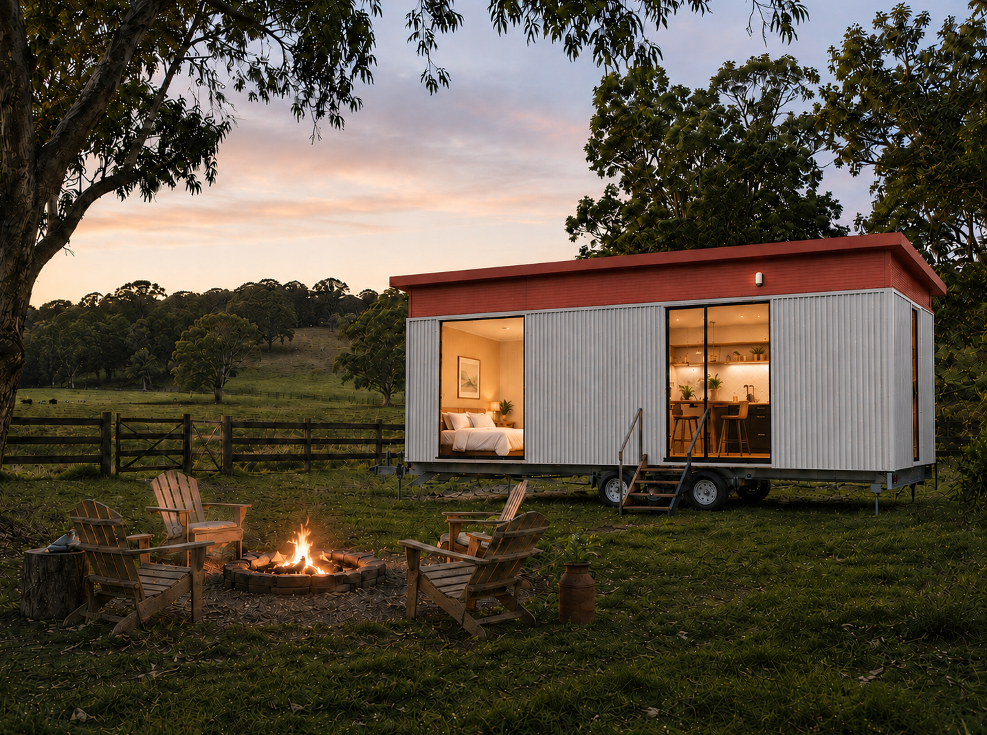 A tiny home glowing warmly at dusk in a rural setting with a fire pit