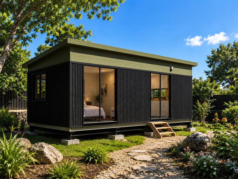 Skid-mounted tiny home set in a landscaped garden